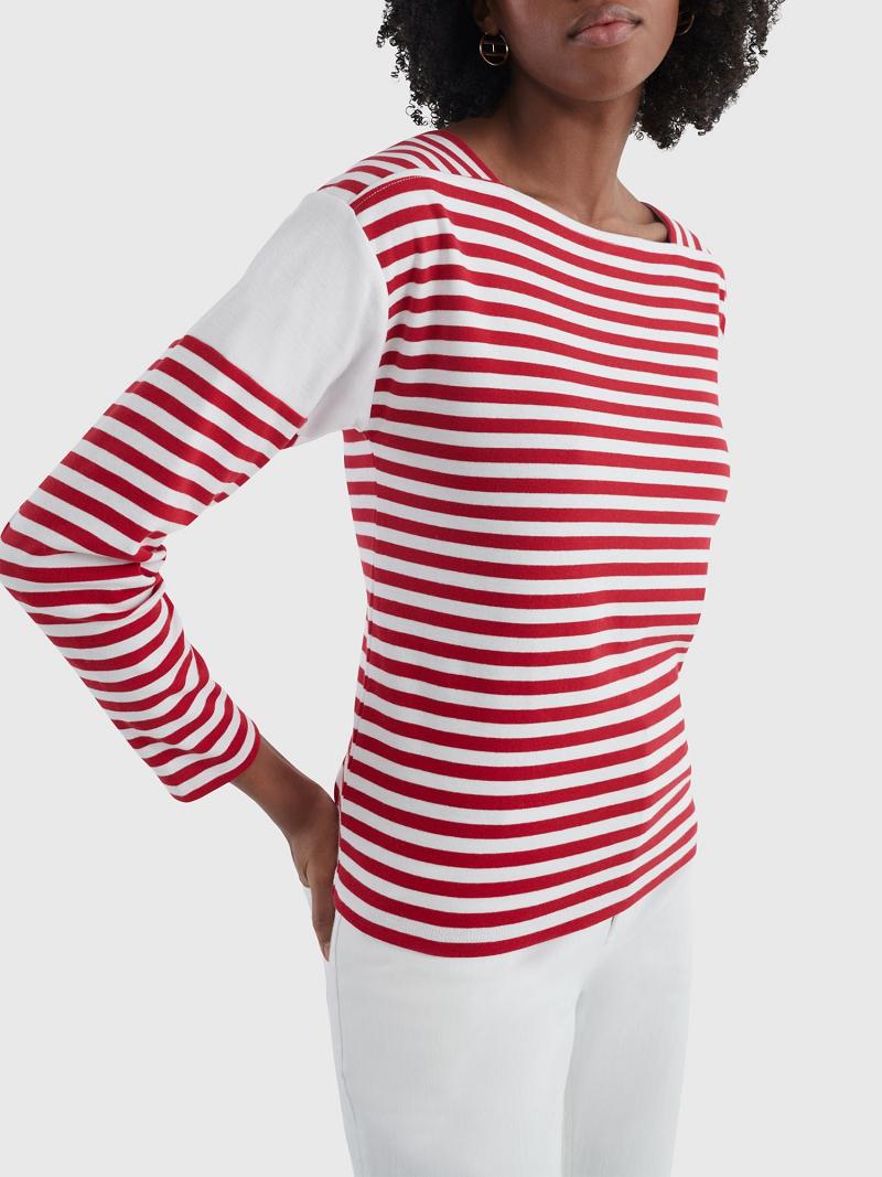 Női Tommy Hilfiger Stripe Square-Neck Felsők Piros | HU 509BEX